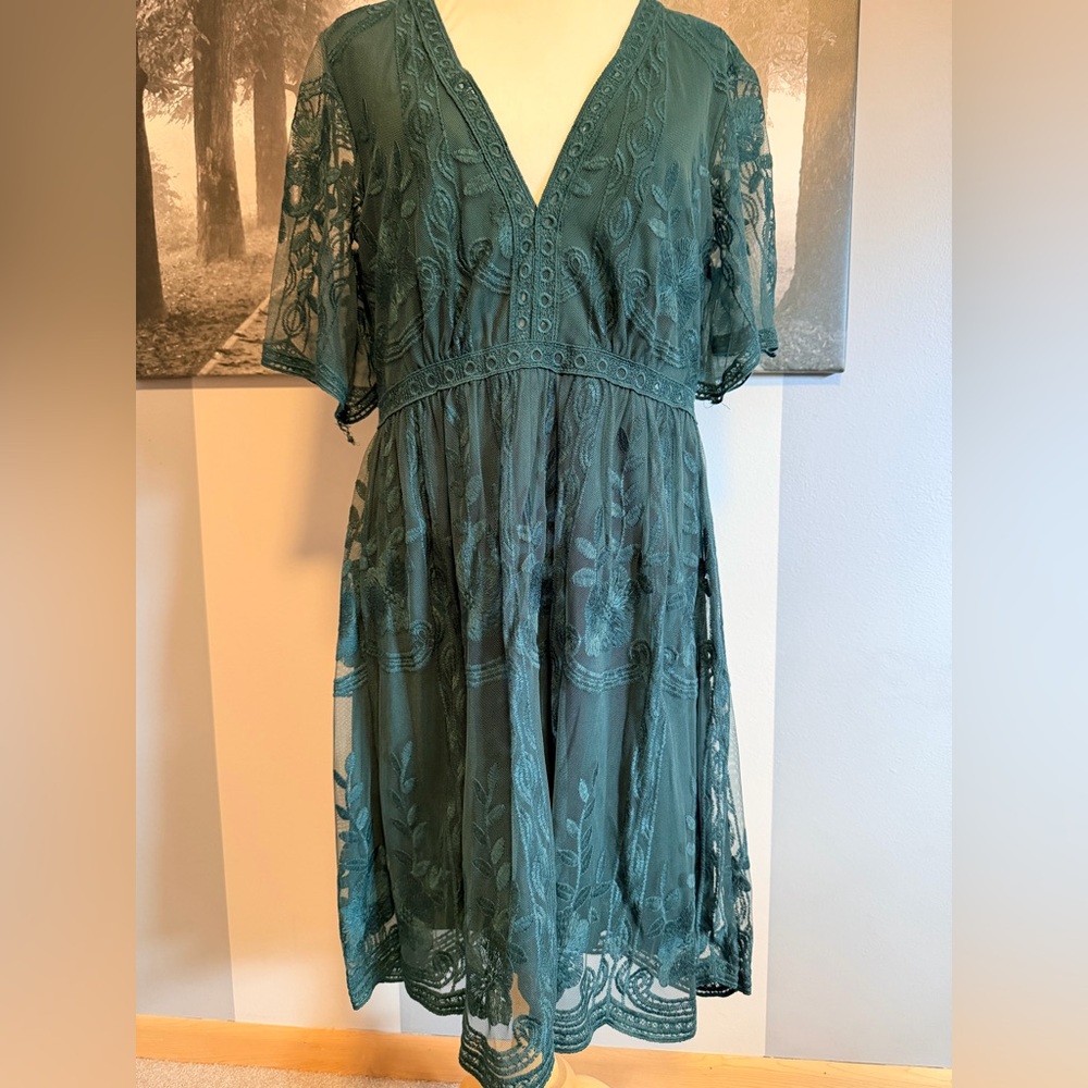 Lace Overlay Teal Midi Dress with V-Neck